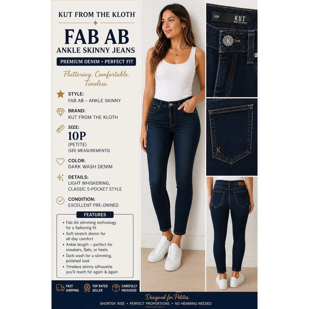 Kut From The Kloth Fab Ab Ankle Skinny Jeans 10P Petite Dark Wash Stretch